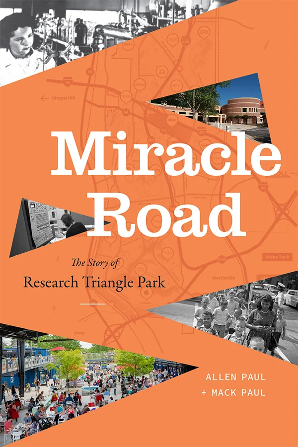 Cover of Miracle Road shows angular historical and modern photographs on an orange background with a faded map.