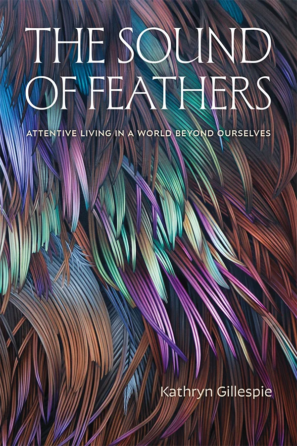 Cover of The Sound of Feathers features an image of multicolored iridescent feathers fills the entire design. The title is in a white serif font at the top with the subtitle in yellow below it.
