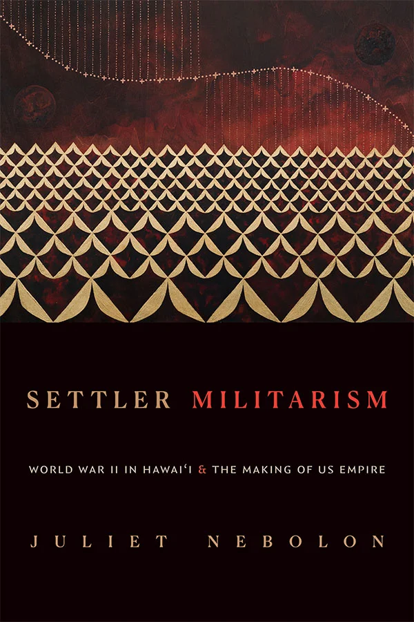 Cover of Settler Militarism features a dark-hued piece of geometric artwork. A beige triangular shape repeats and tessellates across a dappled black-and-brown background.