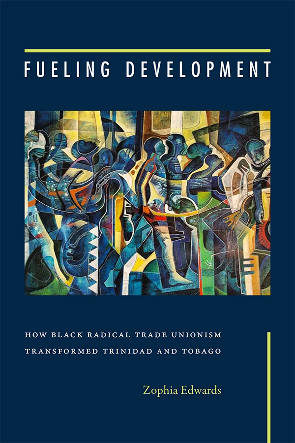 Cover of Fueling Development has a dark blue background and a painting in the center. The painting depicts numerous, overlapping human figures in motion, in an abstract, cubist-like style.