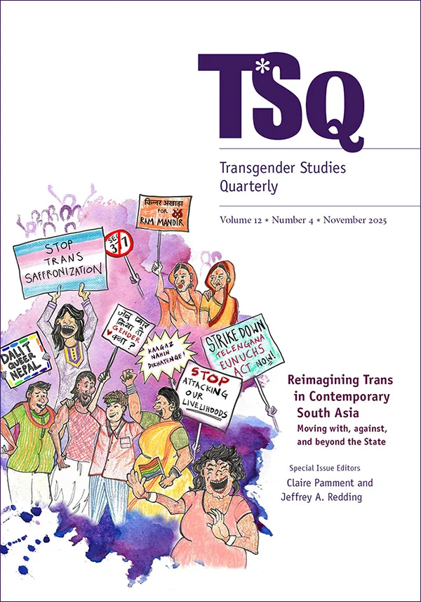 Illustration of transgender rights protest with colorful crowd holding signs during a march with watercolor splashes behind them