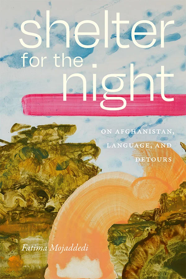 Cover of Shelter for the Night is a semi abstract painted landscape. The sky features paint drops of light blue. The foreground is mixed greens and browns separated by a curve of coral orange.