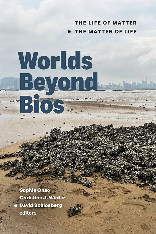 Cover of Worlds Beyond Bios features a photograph of a sandy beach with a city skyline stretched out in the distance. The foreground shows wet sand, footprints, and a large pile of organic material.