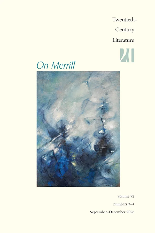 Abstract blue painting of indistinct figures beneath the title On Merrill on a cream journal cover