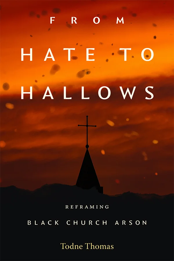 Cover of From Hate to Hallows features an orange and red sky scattered with dark flecks above a black silhouetted church with a cross. The title appears in large white letters across the upper half.