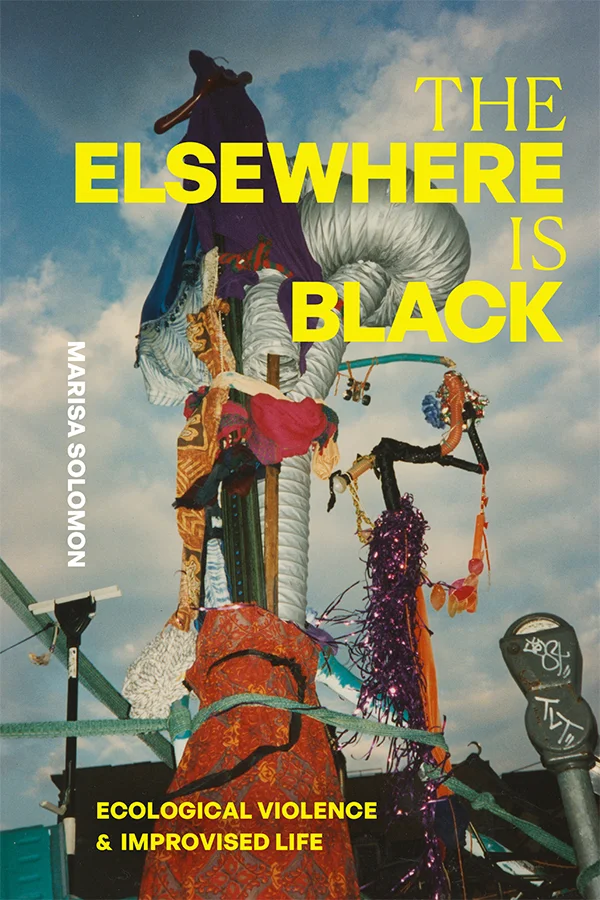 Cover of The Elsewhere Is Black features a sculpture by Curtis Cuffie. The sculpture is tall and eclectic. It is made of colorful, found materials stacked and draped over a pole in an outdoor urban setting under a cloudy sky.