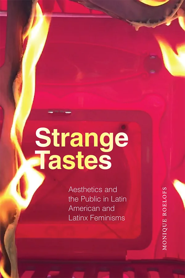 Cover of Strange Tastes features hot pink plastic. Flames appear at the left border and in the top right corner melting the material. The title is aligned left central on the cover in a gradient of white to yellow to white mirroring the flames.