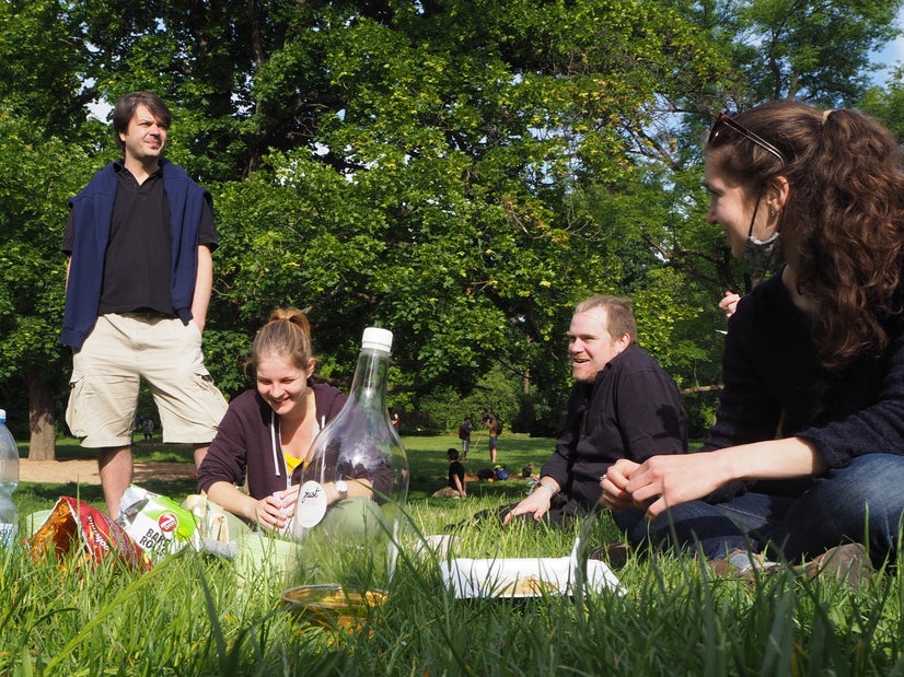 Sharing a laugh at a rehearsal in the park