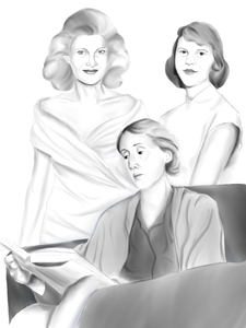 Virginia reading a book on a chair while Madam T. and Sylvia stand behind her.