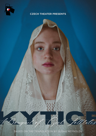 A poster for the play Kytice with a woman in white wedding clothes against a blue background.