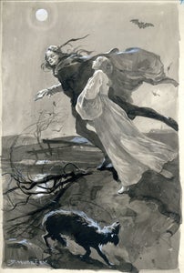 A black-and-white drawing of a witch carrying a woman in white over a tree while a dog looks on and a bat flies in the sky.