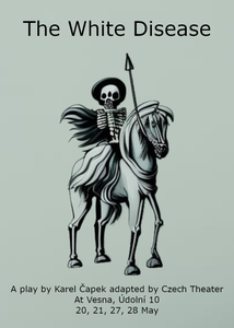 A poster for The White Disease with a skeleton on a horse.