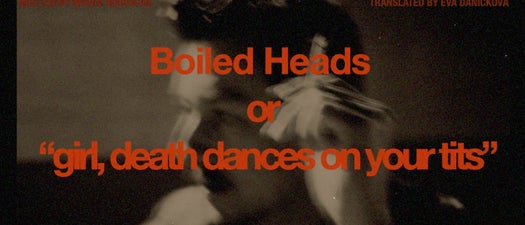 A blurry picture of a man smoking with the text "Boiled Heads or 'girl, death dances on your tits'".