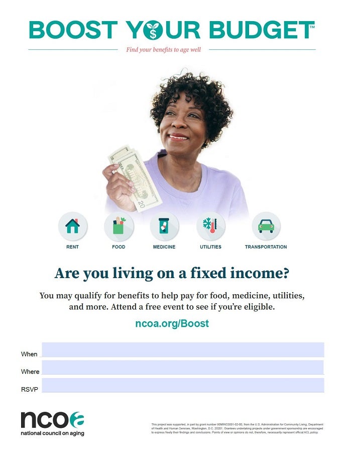 Sample poster showing woman holding money with icons for benefits categories