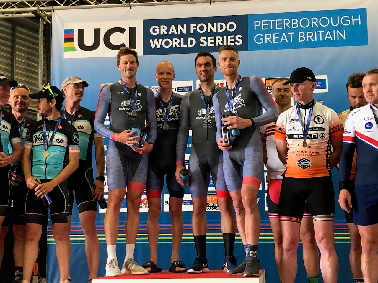 A rare treat of a proper podium moment at the presentation ceremony for the Team Chrono at the Tour of Cambridgeshire