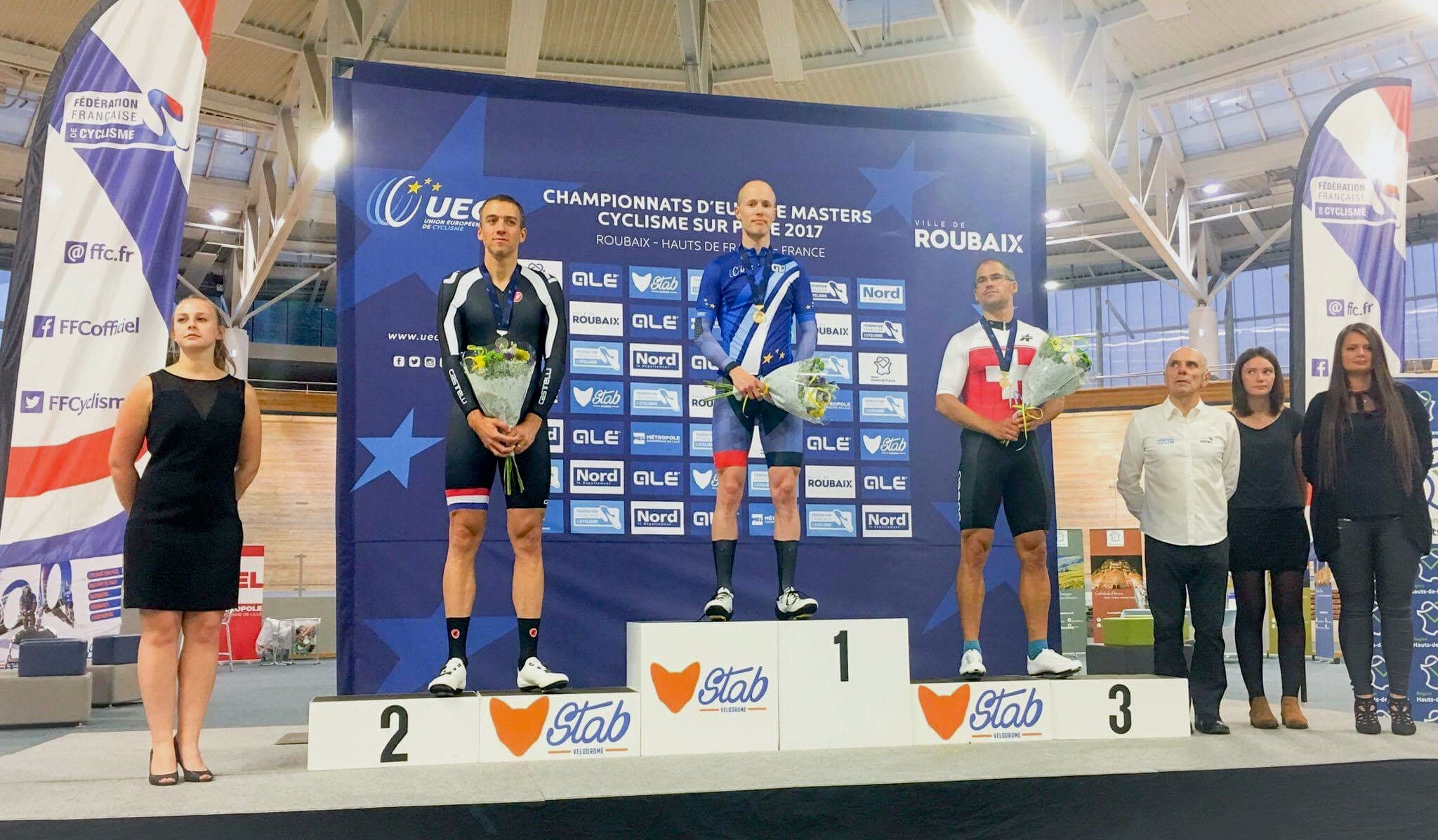 On the top step of the podium at the European Masters Track Championships in 2017. Photo credit to Rachael Elliott