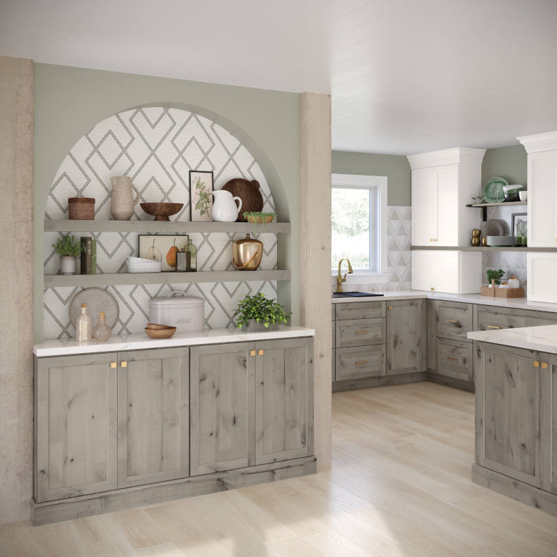 A kitchen with Rustic Alder cabinets.