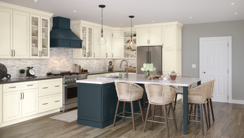 A T-shaped kitchen island is an optimal multifunctional surface for cooking and dining.