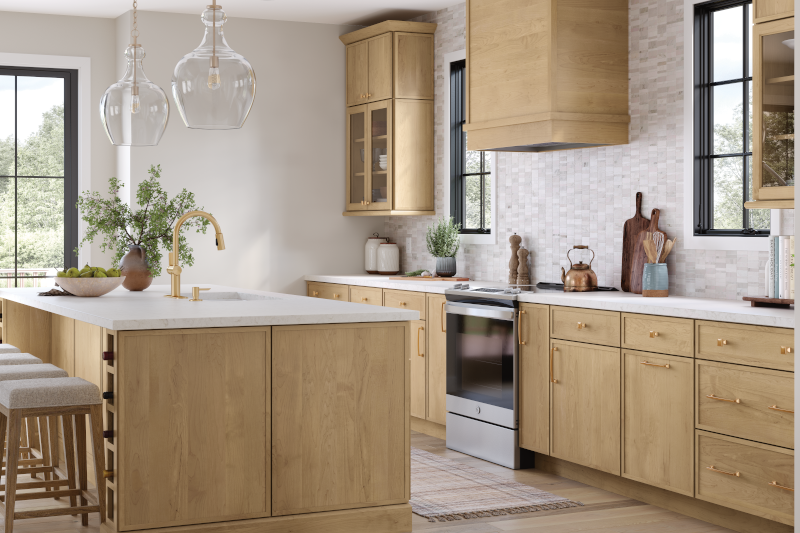 A kitchen featuring stained wood cabinets and a kitchen island.