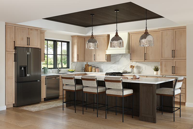 A kitchen with a mix of dark and light wood stains on the floors, chairs, and cabinets.