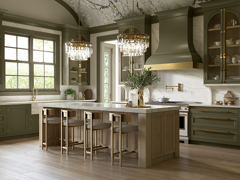 This elevated kitchen design displays soft wood stains across cabinetry, golden accents, and two large chandeliers that hang above the kitchen island.