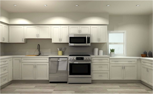 This shows a 3D artistic rendering of a proposed kitchen design, with off-white colored cabinetry and silver appliances for the client to help them imagine what their kitchen remodel would look like.