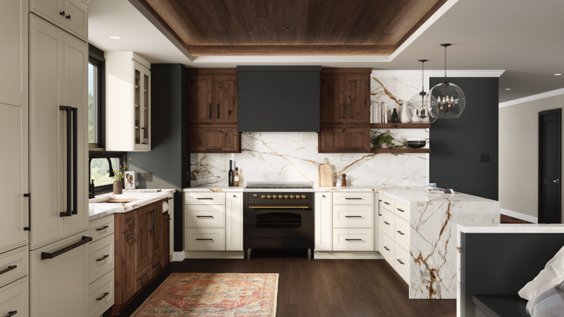 This zoomed-out kitchen view focuses on the contrast of off-white lower cabinets, dark wooden upper cabinets, and black accent features for a kitchen that makes a strong statement. The far left kitchen window allows natural light to stream though across the deep-toned flooring and wool rug, arranged slightly to the left.