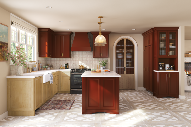 Currant paint and Coastline finish shown on maple wood on kitchen cabinets.