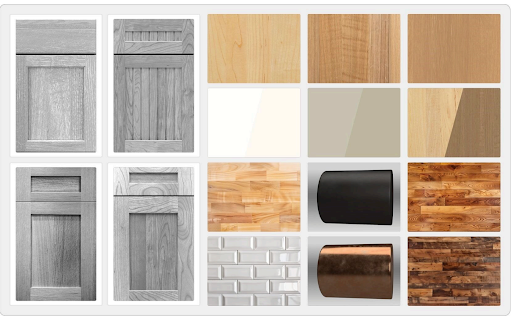 This is an example of a personalized kitchen moodboard, complete with cabinet door styles, hardware choices, and stain options. There is a range of wood shades to show the stains, and two different colors of hardware including copper or black.