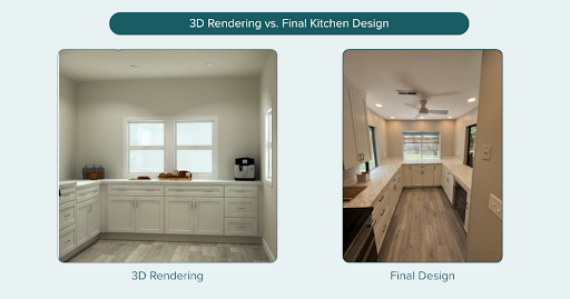This shows a side by side of a 3D kitchen rendering from the design team on the left, with the final kitchen design on the right. The cabinetry and countertops of the rendering are clearly executed on the right, in off-white-tones and an overall modern design.