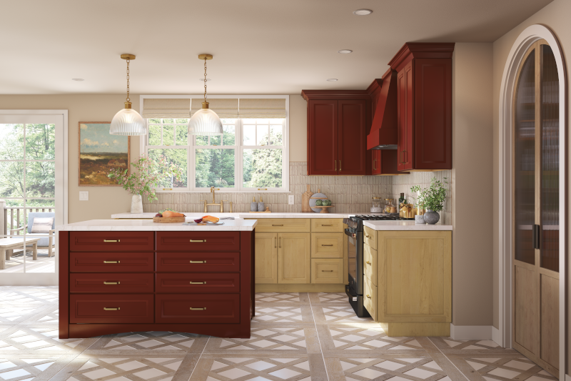 A modern kitchen with two-tone cabinets in Currant (a deep red) and Coastline (a light wood tone).