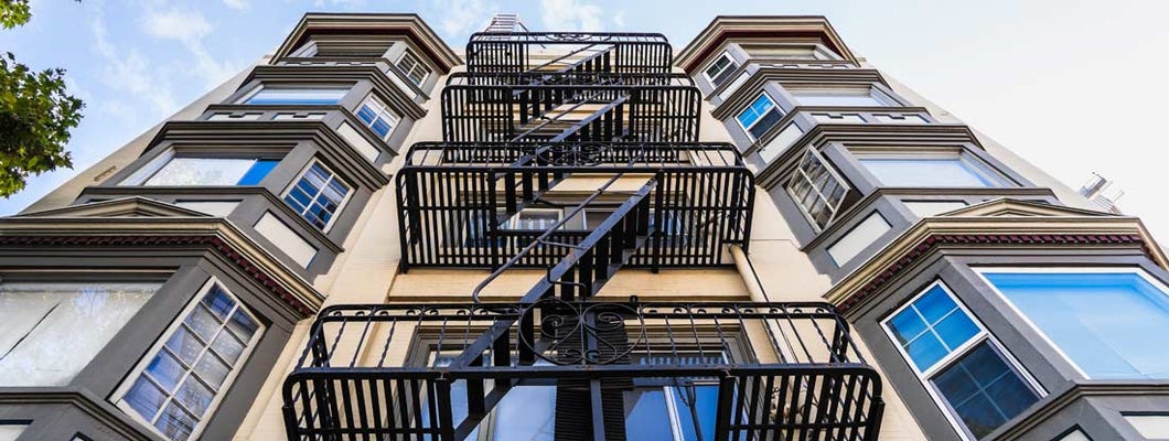 Exterior view of multifamily residential building in Berkeley, California. Find California renters insurance.