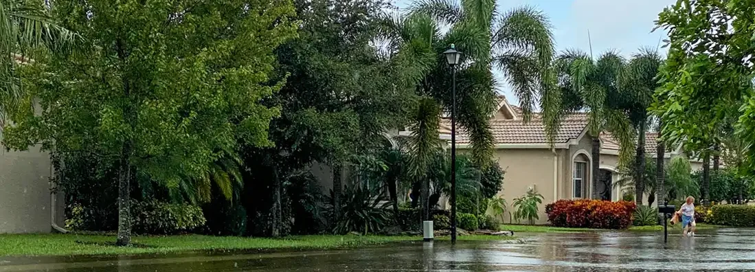 Flooded street in suburban Florida neighborhood. Why houses prone to floods are harder to insure in Florida.