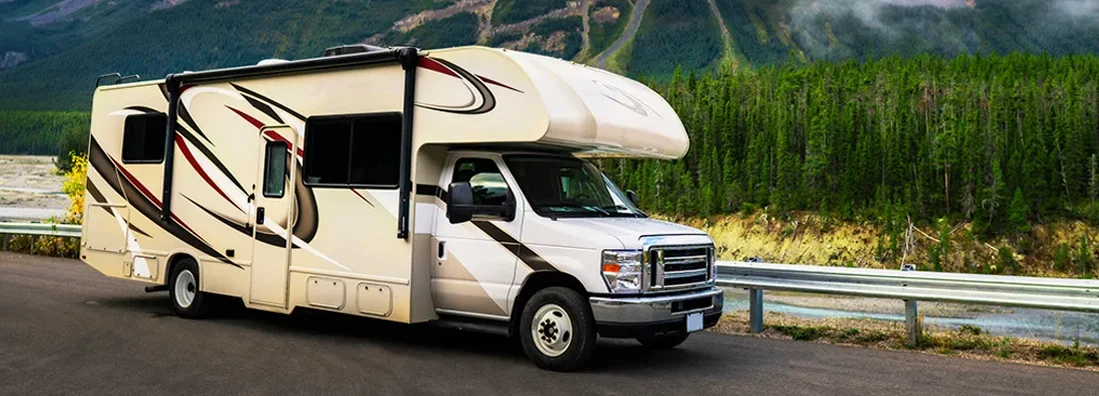 Motorhome on a vacation getaway in nature. Find North Dakota RV insurance.