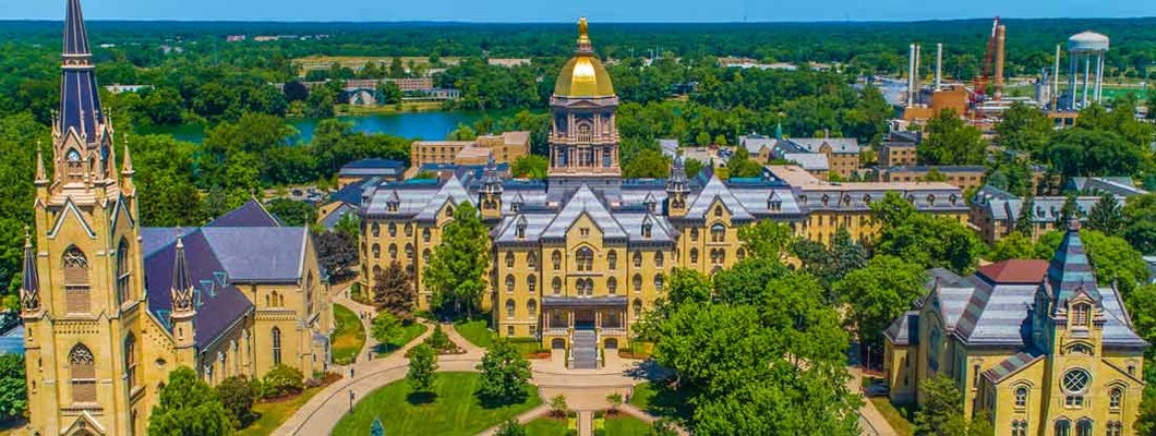 The University of Notre Dame Campus with Golden Dome, Basilica of the Sacred Heart, and Washington Hall.