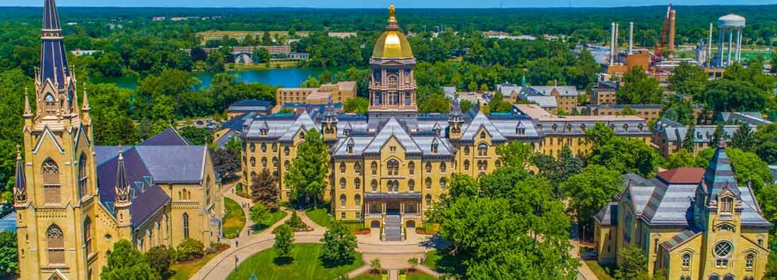 The University of Notre Dame Campus with Golden Dome, Basilica of the Sacred Heart, and Washington Hall.