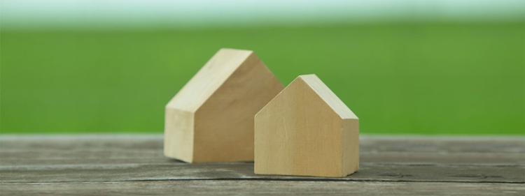 Two wooden house-shaped blocks sitting on a table.