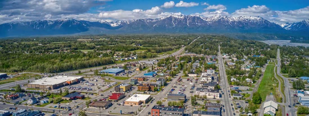 Aerial View of Downtown Palmer, Alaska during Summer. Find Palmer, Alaska business insurance.