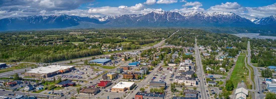 Aerial View of Downtown Palmer, Alaska during Summer. Find Palmer, Alaska business insurance.