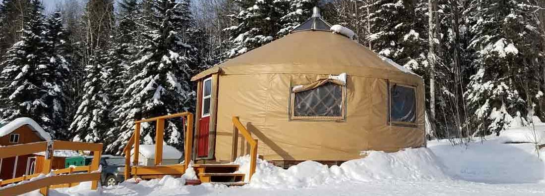 Yurt in a Snowy Evergreen Setting. Find Yurt Insurance.
