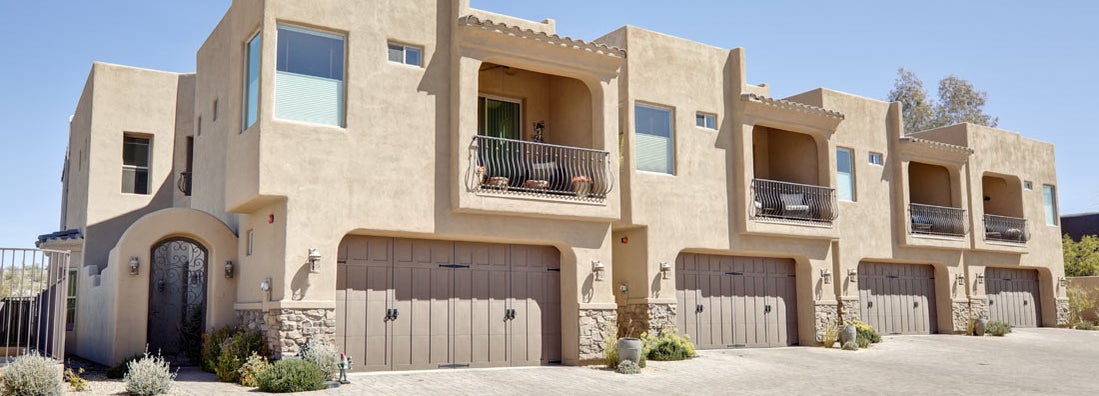 A shot of modern apartments in the southwest. Find New Mexico renters insurance.