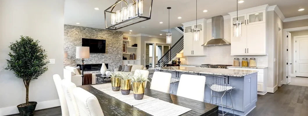 Beautiful kitchen in luxury modern contemporary home interior with island and chairs. Villanova, Pennsylvania Homeowners Insurance.