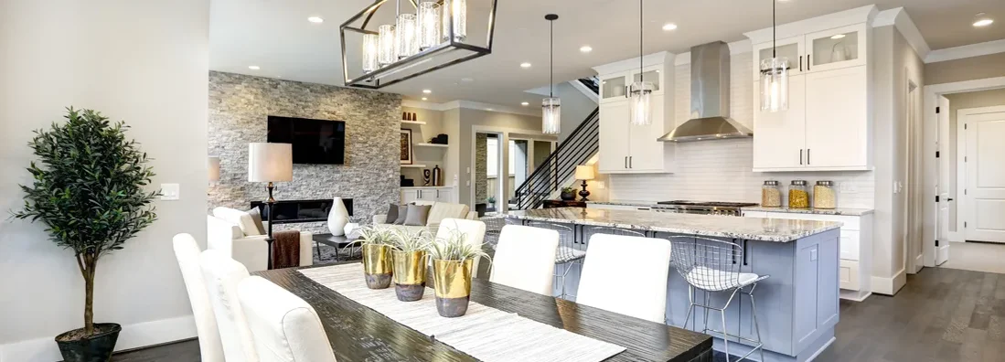 Beautiful kitchen in luxury modern contemporary home interior with island and chairs. Villanova, Pennsylvania Homeowners Insurance.