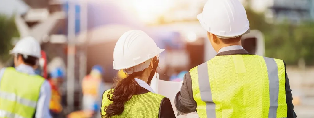 Businessman and businesswoman using see plan paper at construction site. Find Illinois Construction Insurance.