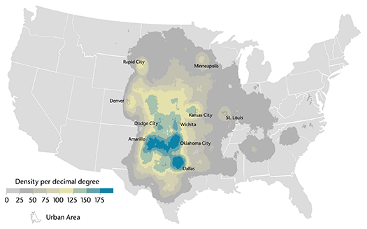Density of Large Hail Reports in the United States (1955-2019)