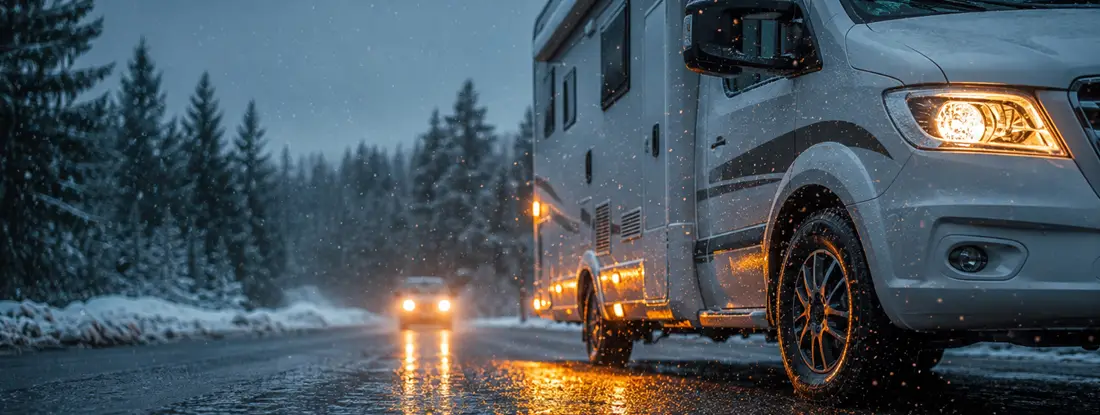 RV stopped in rainstorm on soaked road reflecting lights. RV Comprehensive Insurance: 2026 Guide.