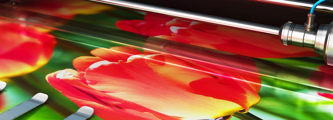 Printing photo banner on large format color plotter in print house printshop. Find digital print shop insurance.