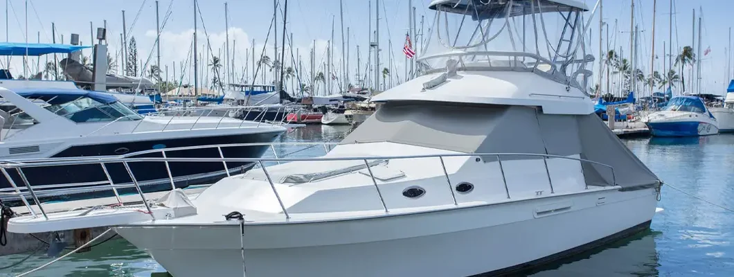Marina with luxury yachts and white boats. Find Louisiana Boat Insurance.