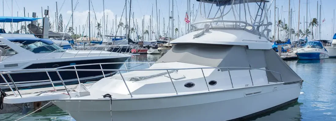 Marina with luxury yachts and white boats. Find Louisiana Boat Insurance.