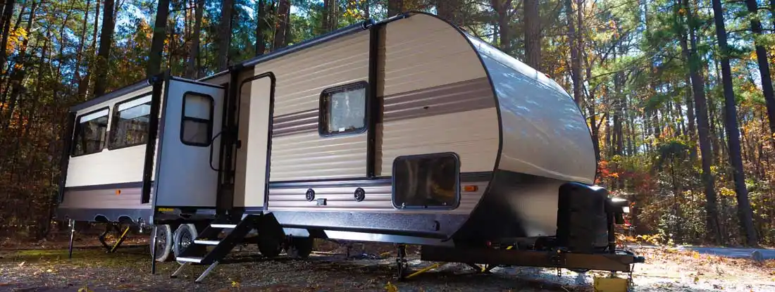 RV campsite at Jordan Lake North Carolina in late fall. Find RV insurance discounts.